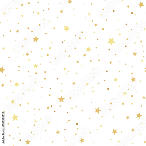 Seamless festive pattern with gold stars dots on white background. Elegant vector design, flat style. Perfect for holiday wrapping paper, luxury branding, Christmas card, fabric print, party design