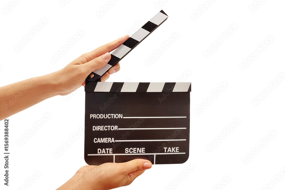 Fototapeta premium Hands holding a movie clapper board on white background