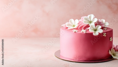 this jpeg image - pink birthday cake, is available for free download. a pink cake with white flowers on top. a pink flower in a pink vase on a table