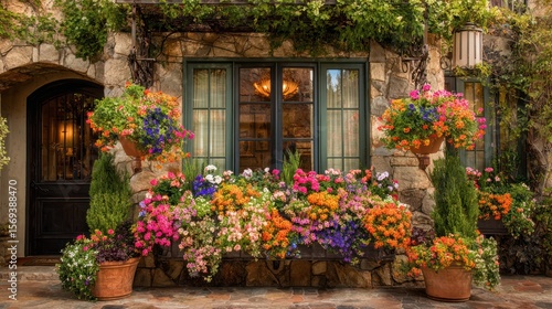 A stone building's window is adorned with vibrant hanging baskets and overflowing window boxes brimming with colorful flowers, creating a picturesque scene