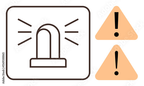 Alarm siren icon with radiating lines and two orange triangular warning signs. Ideal for emergency, safety, alert, caution, attention, hazard, security. Minimal design as a simple flat metaphor