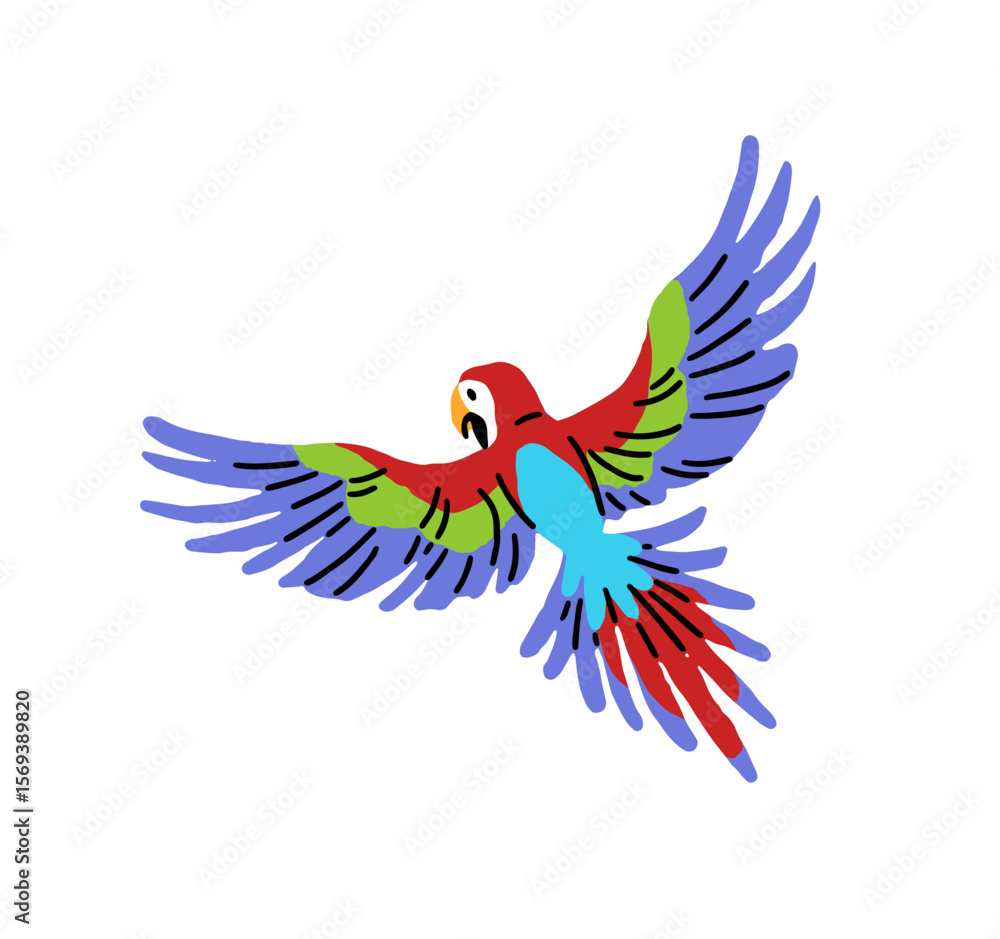 Obraz premium Happy scarlet macaw is flying in the air. Cute tropical parrot, ara flies in jungle. Funny exotic bird with colourful feathers, rainforest animal. Flat hand drawn isolated vector illustration on white