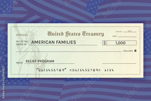 Conceptual Stimulus Check on US Flag Background. Economic Relief Program and Support Concept