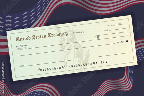 Blank Stimulus Check on US Flag Background. Economic Relief Program Concept and Financial Support