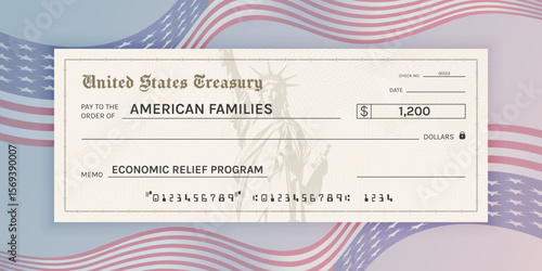 Economic Stimulus Check Mockup on US Flag Backdrop. Conceptual Relief Program and Financial Support