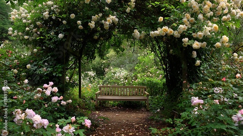 Fototapeta Naklejka Na Ścianę i Meble -  A quiet garden bench surrounded by flowers / 花に包まれた静かなガーデンベンチ