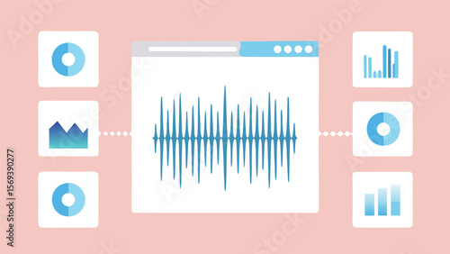 Illustration of a data analysis window with graphs and a central waveform display shown