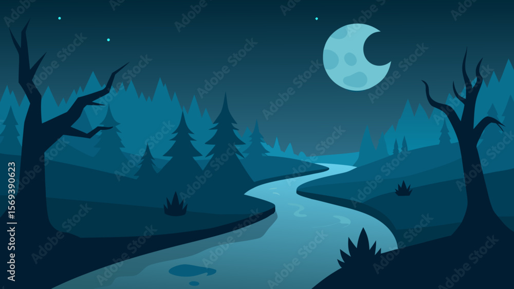 Naklejka premium night landscape with moon and stars