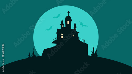 Haunted house on a hill with a graveyard in the foreground under dark sky