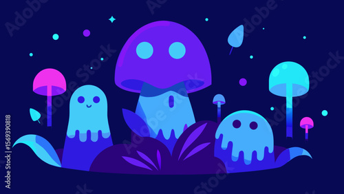 Whimsical Halloween scene with glowing neon blue and purple lights at night