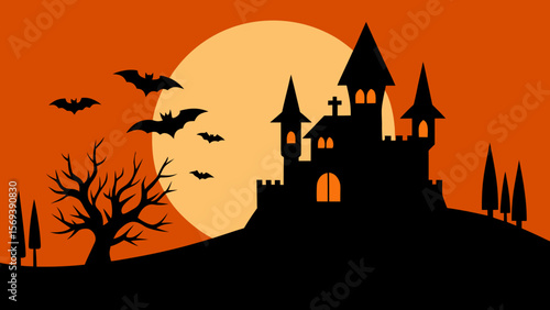 Halloween night with an orange sky a black silhouette of a spooky house