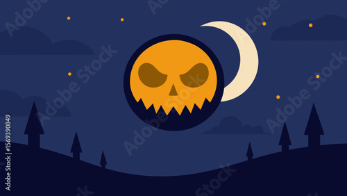 Spooky night scene with a moon that has a jack o lantern face glowing
