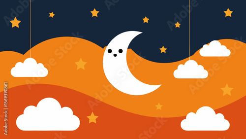 Halloween background with hanging stars a crescent moon and spooky bats