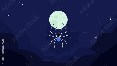 Spiderweb covered in dew glistening in the moonlight on a spooky night