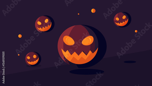 Abstract scene of glowing jack o lantern faces in a spooky dark background