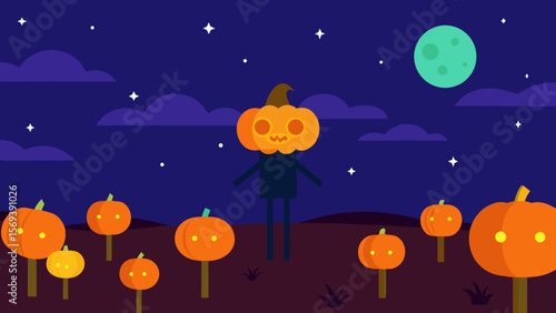 Field of pumpkins under a starry night sky with a mysterious full moon