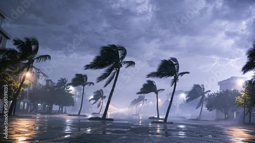 Intense storm brings heavy rain and strong winds to deserted city streets at night