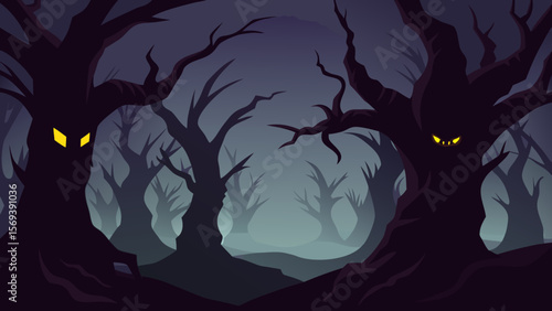 Dark gnarled forest with twisted trees that look like spooky ancient figures