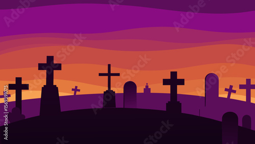 Panoramic view of a sprawling cemetery at dusk with silhouetted tombstones