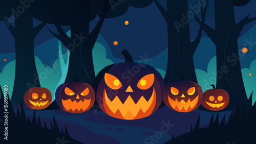 Patch of grinning jack o lanterns in a dark forest under a mysterious moon