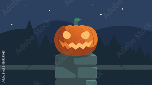 Single menacing jack o lantern sitting on a stone wall in a dark spooky night