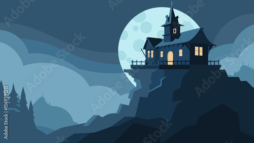 Spooky Victorian house on a cliff overlooking a dark stormy sea at night