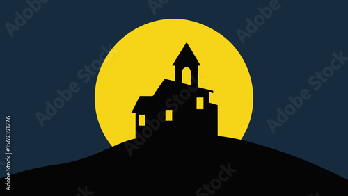 Minimalist haunted house silhouette on a hill with a large ominous full moon