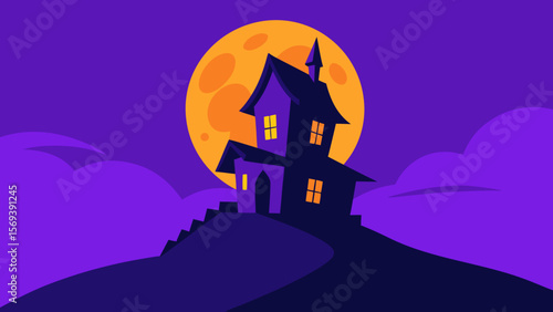 Whimsical crooked haunted house on a hill under a starry sky with a full moon