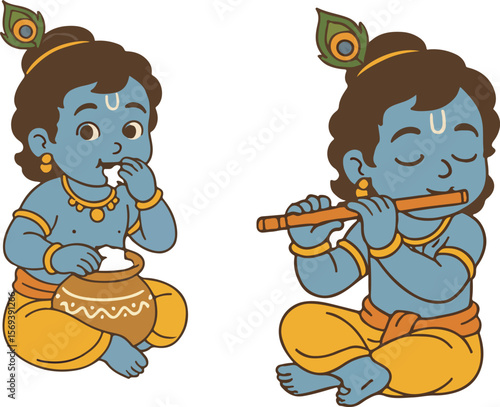 Cute Bal Krishna Vector Eating Butter (Makhan) and Playing Flute (Bansuri)