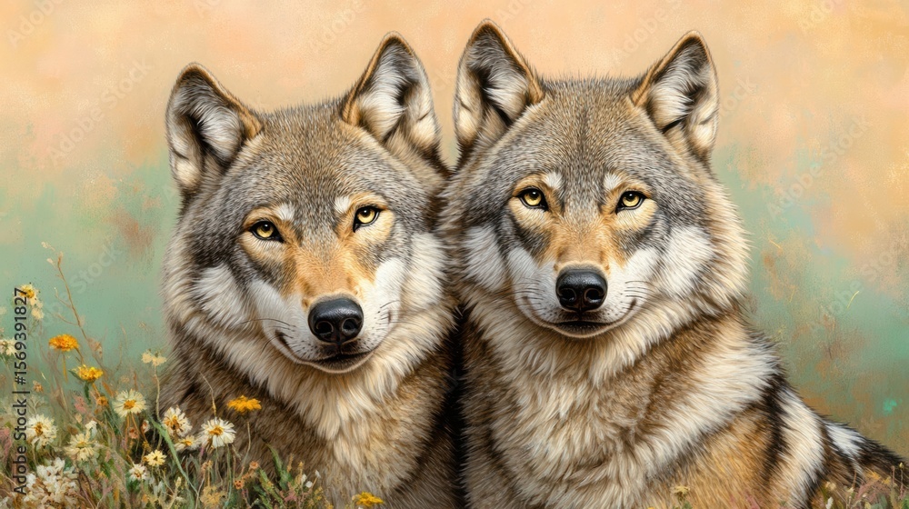 Obraz premium Two realistic wolves are posed closely, surrounded by wildflowers, set against a soft, colorful background