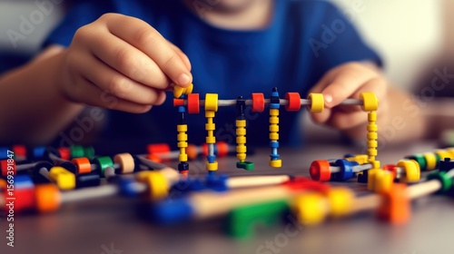 Child's Hands Playing with Colorful Abacus, Educational Toy, Close-up.