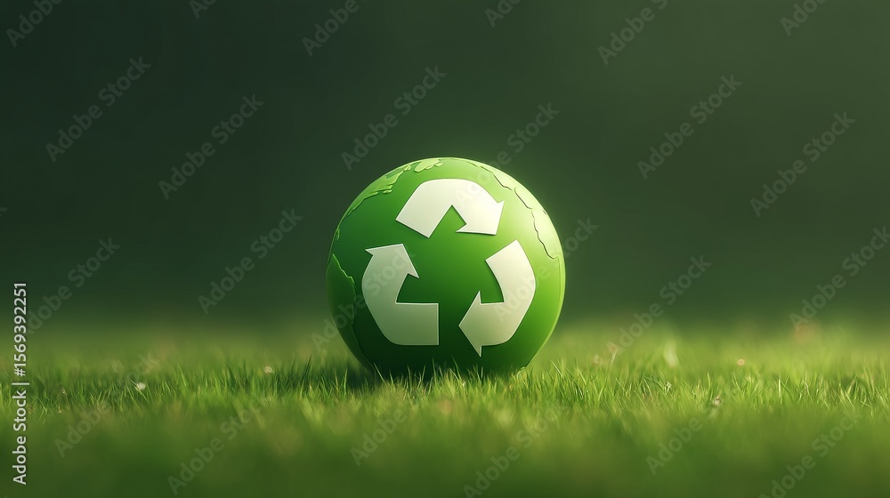 Fototapeta premium Saving the Planet Through Environmental Protection Efforts, A green soccer ball with a recycling symbol rests on grass, symbolizing sustainability in sports.