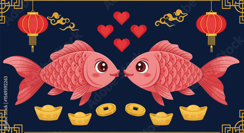 Cute cartoon birds form a loving couple, a symbol of romance perfect for a Valentine's Day card illustration