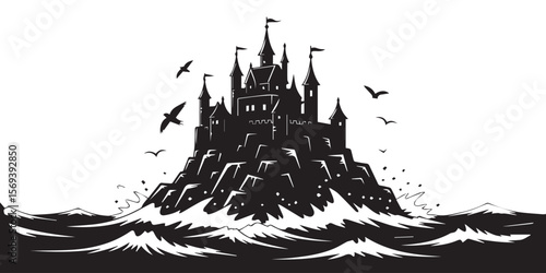 medieval castle silhouette on rocky sea island with crashing waves and flying birds monochrome vector art