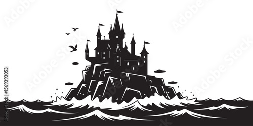 black white vector of gothic castle ruins on rock island ocean backdrop with birds flying high contrast