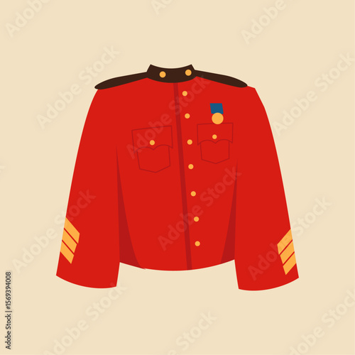 Ceremonial Military Jacket: A vibrant, scarlet military jacket, impeccably tailored, adorned with golden buttons, epaulettes, and a distinguished medal, representing honor and service.