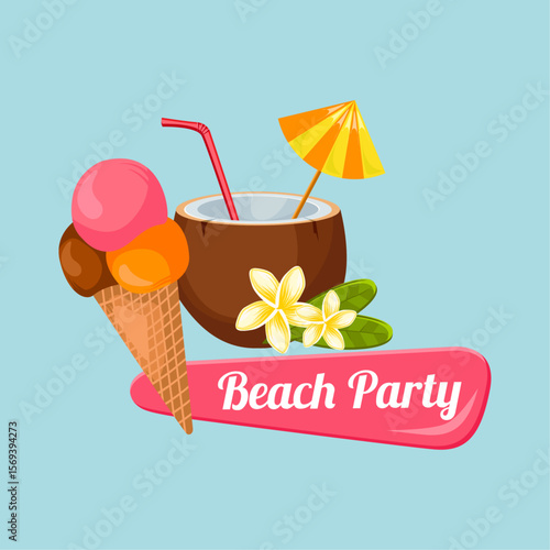 Beach Party: Colorful illustration of beach party including coconut cocktail and ice cream on summer.