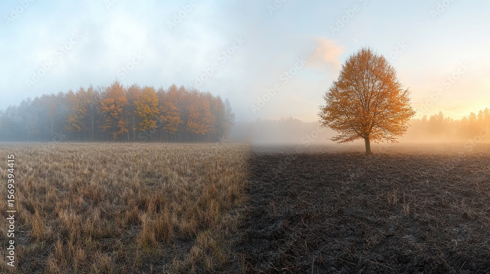 Fototapeta premium Foggy morning, contrast of burnt and untouched fields