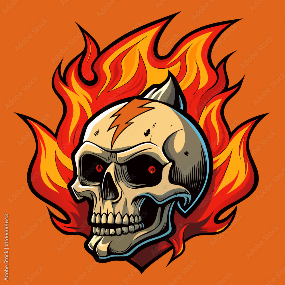Vector art of a flaming skull with glowing red eyes burns intensely Vector art of a flaming skull with glowing red eyes burns intensely