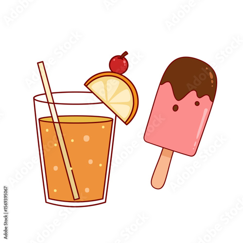 Refreshing Duo: A vibrant illustration showcasing the perfect summer refreshment, a tall glass of iced orange juice, garnished with an orange slice and cherry.