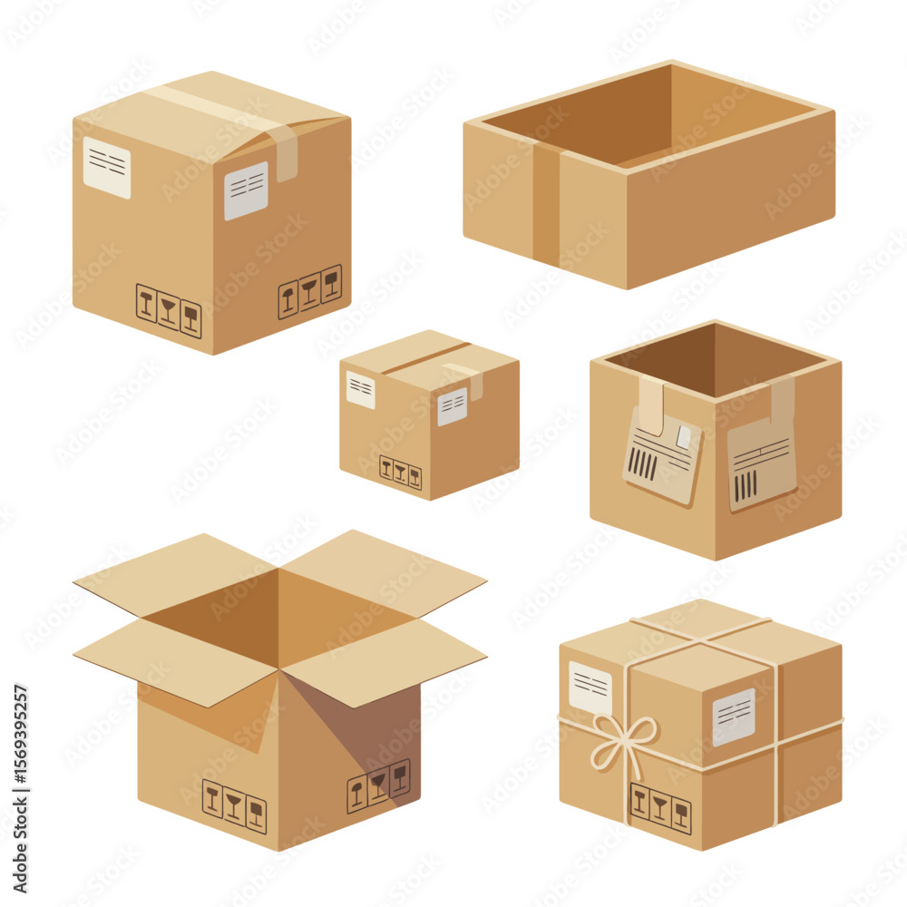 Fototapeta premium Collection of Cartoon Cardboard Boxes for Shipping