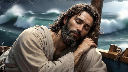 Jesus sleeping in a boat during a storm. Biblical scene concept.