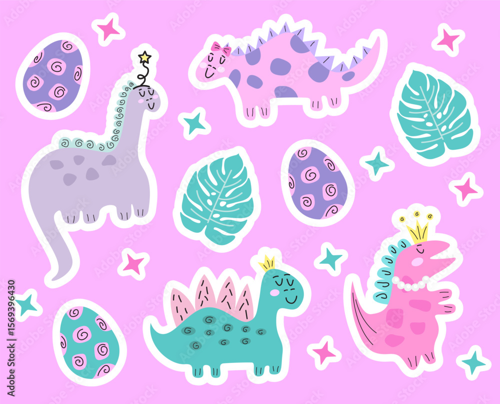 Obraz premium Sticker illustration of cute dinosaurs on pink background.