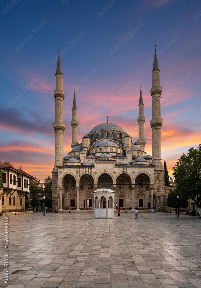 Naklejka premium 夕焼け空輝く壮麗なモスク 静寂漂う広場で人影まばら 美しい建築