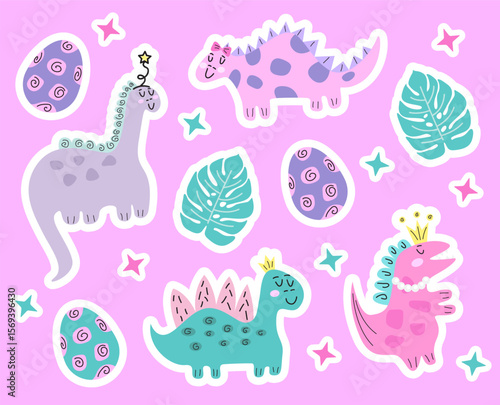 Sticker illustration of cute dinosaurs on pink background.