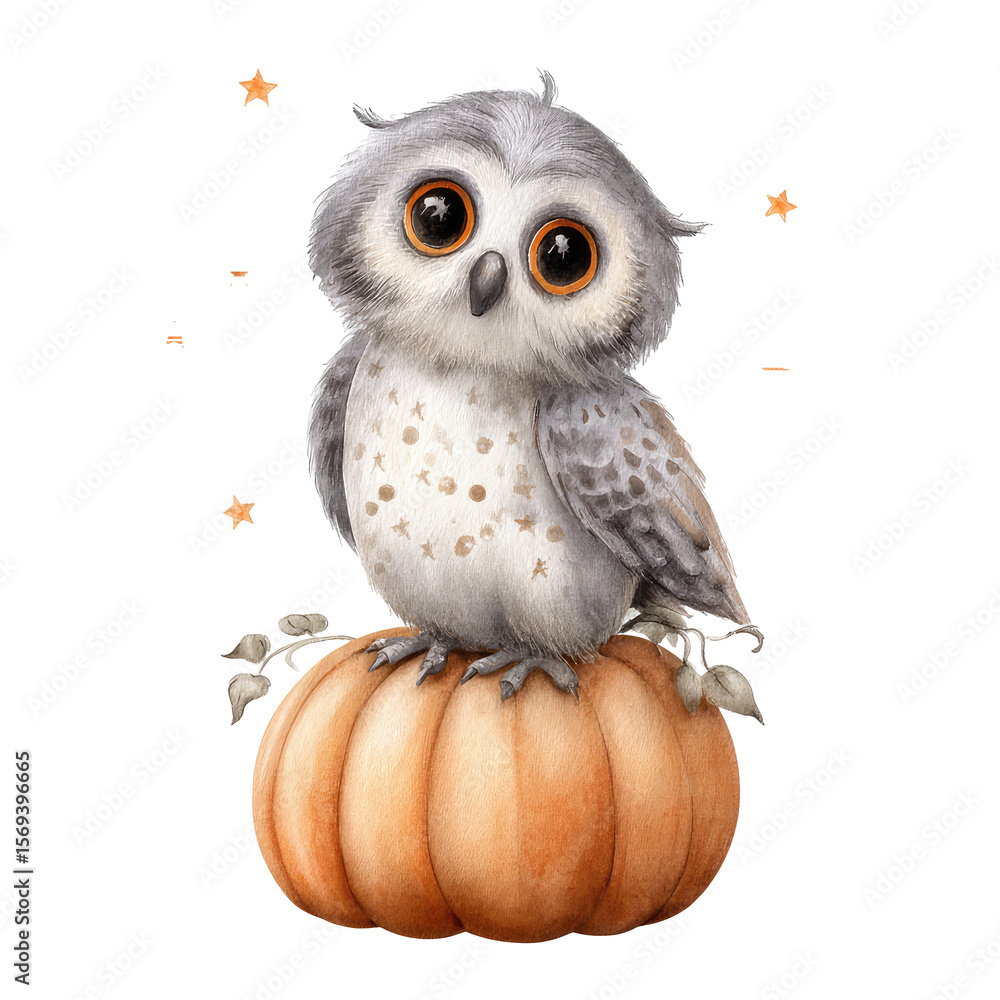 Fototapeta premium Adorable Owl Perched on a Pumpkin Surrounded by Stars in a Whimsical Autumn Scene