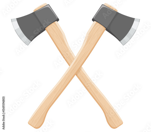 Crossed axe isolated on white background. ax for chopping wood with steel blade attached at a right angle to a wooden handle. Metal woodcutter with wooden handle. Vector illustration, Flat design.
