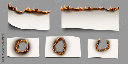 Scorched smoldering paper banner , burning paper vector realistic illustrations set