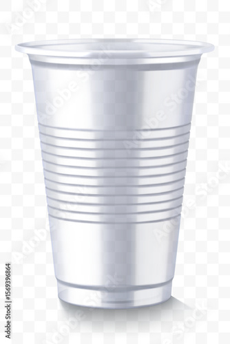 Disposable plastic cup isolated on transparent background. Transparent glossy cup for cold drinks such as soda, sparkling water, soft and alcoholic drinks, beer. Mock up
