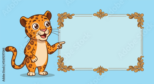 Cute cartoon animal vector illustration with a blank frame featuring a fun baby lion and teddy bear
